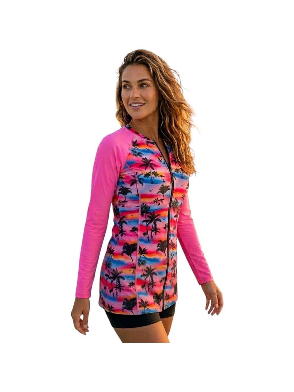 Grace Karin Tropical Palm Print Zip Front Rash Guard Top Built-In Bra Size L
